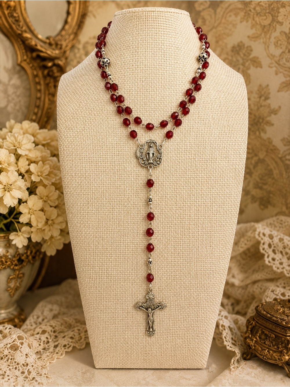 Donna Dressler Sterling Silver Ruby Crystal Rosary Crucifix VTG Tagged 26” w 6”D - Picture 1 of 17